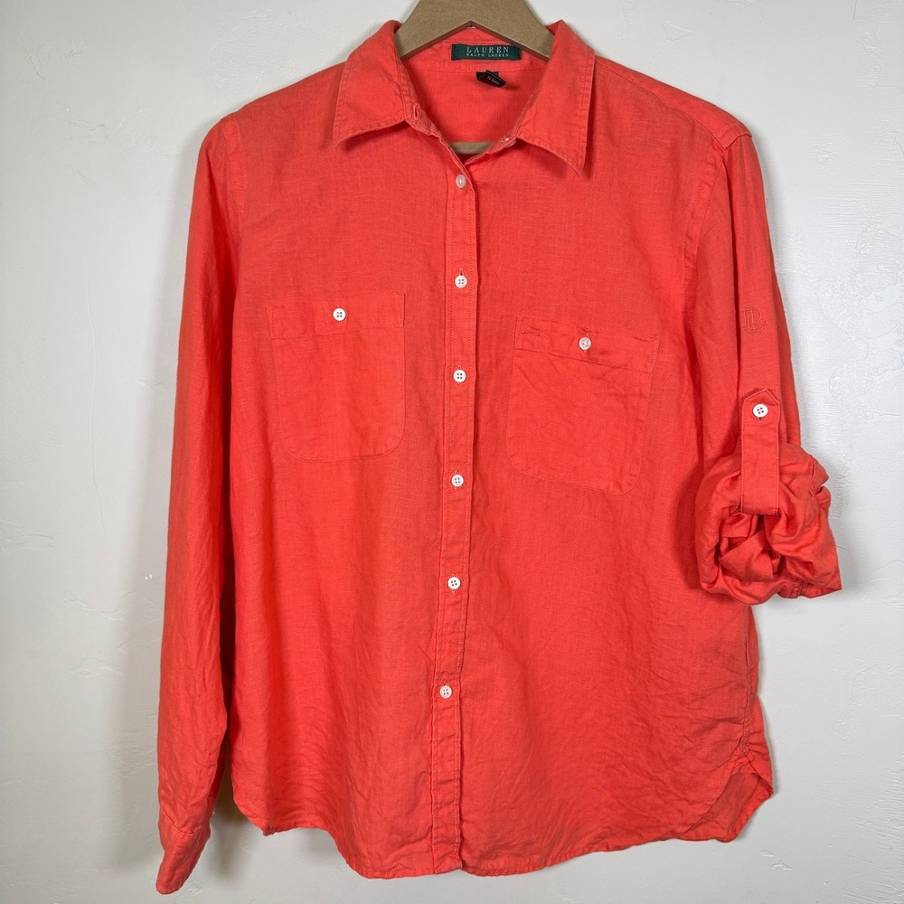 Lauren‎ Ralph Lauren 100% Linen Button Down Women Large Coral Roll Tab Sleeve